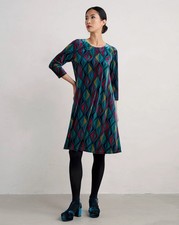 New Seasalt Cornwall Mahonia Dress Teal Geometric Festive Ribbon Occasion UK 12