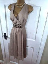 Fee G Gold Jewelled Lined 100% SILK V Neck Dress, UK 16, Very Good Condition