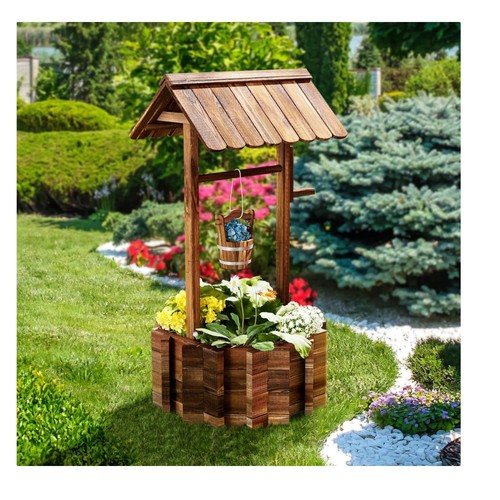 Wooden wishing well planter - wooden,