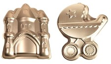 KITCHEN CRAFT SWEETLY DOES IT SILVER ANODISED NOVELTY CAKE TINS PRAM OR CASTLE