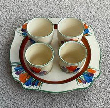 ORIGINAL CLARICE CLIFF AUTUMN CROCUS MATCHED EGG CUP SET IN SUPERB CONDITION