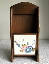 Vintage French Wood Wall Hung Letter Rack Holder with Floral Tile & 3 Key Hooks.