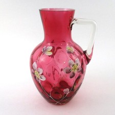 Antique 20 oz. CRANBERRY art glass PITCHER - hp Enamel IVT clear Handle