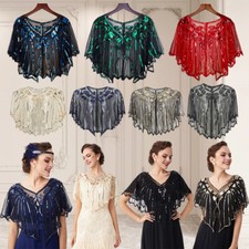 ❤️Vintage Gold Women 1920s Shawl Wraps Sequin Evening Cape Bridal Bolero Flapper