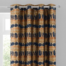 Navy Gold Jacquard Heavy Thermal Interlined Eyelet Abstract Luxury Curtains Pair
