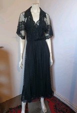 Vintage 70s Ossie Clark  Black Silk & Lace 2 Peice Boudoir Slip & Robe Dress Set