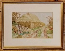 Vintage Watercolour Painting Of Haystacks And Country Lane by T Baragwanath