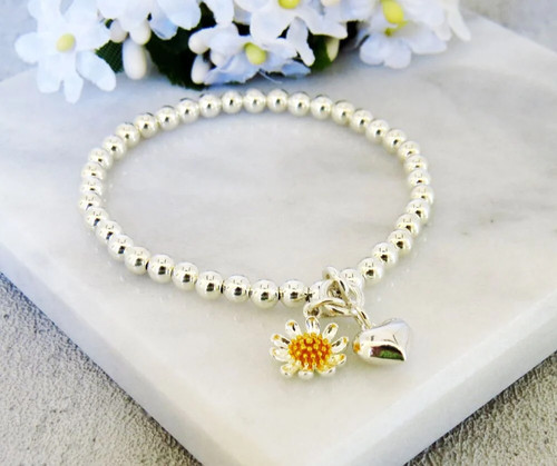 Silver daisy and heart - silver, charm