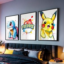 Pokemon Children's Bedroom Wall Art Personalised Gift Print Pikachu Set of 3