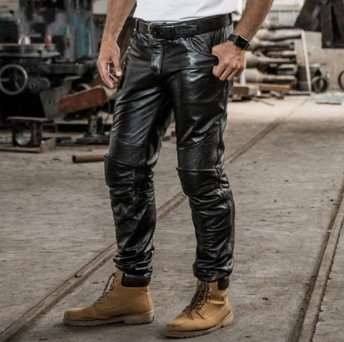Mens pure black leather - mens, pants