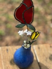Stained Glass Valentine Rose Flower Bouquet Sun Catcher With Vase Handmade Tulip