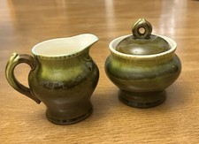 Green Sugar Bowl Milk Jug Set Glazed Pottery Chunky Farmhouse Style Vintage ЗиК