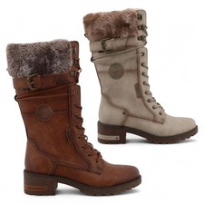 Mustang Women's Mid-Calf Faux Fur Buckle Lace Up Tall Winter Combat Boots