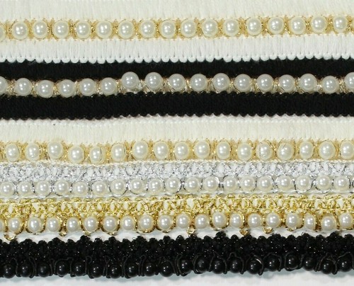 Pearl beaded lace trim ribbon - pearl,