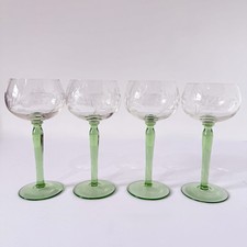 Vintage long stemmed hock wine glasses Etched  Green glass stem Set 4 60s 70s