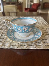 Crown Staffordshire ELLESMERE Teacup Saucer Turquoise Gold A14994 RARE