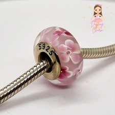 🩷Pink & White Flower Murano Bead Charm Genuine S925 Sterling Silver 🩷