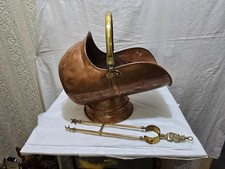 Copper Coal Bucket/Scuttle With Folding Handle + pair of tongs in good condition