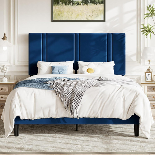 Blue velvet queen platform bed - blue,
