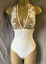 Vera Lucy & Lucy White & Nude Medium Halter Crochet Lace Slinky Bodysuit Y2K Top
