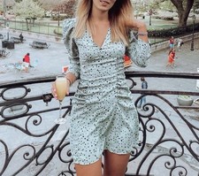 Zara Dress Size M Green Polka Dot Long Sleeve V Neck Ruched Mini New with tags