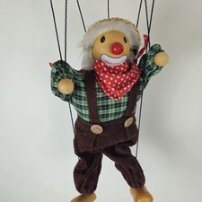 Wooden Puppet Clown Farmer Vintage Folk Art Style String Puppet