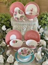 Five Teacups & Saucers Aynsley & Royal Sutherland Pink, Turquoise Mis-Match 2nds