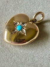 ANTIQUE VICTORIAN 15ct 625 GOLD TURQUOISE, DIAMOND HEART  LOCKET PENDANT 3.6g