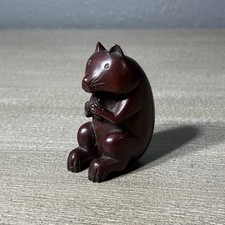 Vintage Hand Carved Boxwood ? Wood Rat Mouse Figurine Holding Seed Red Stain