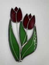 Stained Glass Red Tulip Green Leaves Sun catcher 8” Spring Window Art