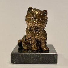 Gilded Cast Bronze Kitten Cat Figurine Statue Black Marble Plinth Base 3”
