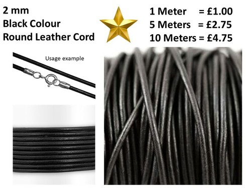 Black leather cord - leather, 2mm