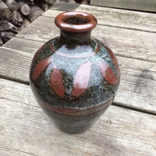 Vintage Studio Pottery Vase Tenmoku Over A Mottled Grey Green Glaze