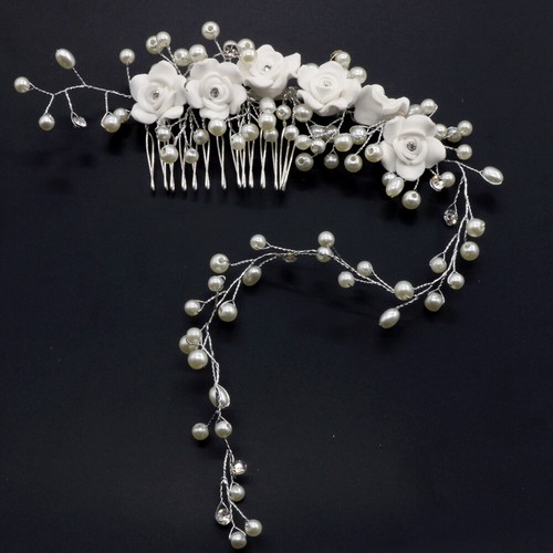 White crystal flower comb - white,