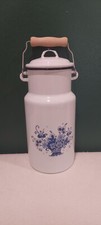Beautiful Enamelware White Milk Jug Can Canister Blue Flowers Made In Poland