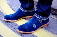 Handmade Mens Fashion Double Monk Party Shoes, Mens Style Royal Blue Shoes