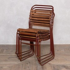 VINTAGE STACKING CHAIRS WITH SLATTED PLYWOOD SEAT AND BACK AND BURGUNDY FRAME