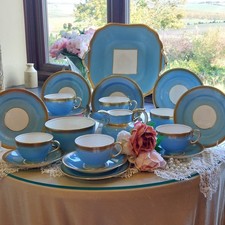 Vintage Aynsley 21 Piece Tea Set Celeste Blue Gold Greek Key Pattern
