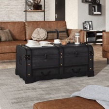 Wooden Chest Coffee Table Living Room Treasure Trunk Storage Box 2 Drawers Black