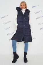 WOMENS GILET JACKET HOODED LONG LINE PUFFER NAVY PADDED TOP BODY WARMER 8-22