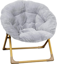 Gwen Kids Cozy Mini Folding Saucer Chair - Gray Faux Fur Moon Chair - Soft Gold