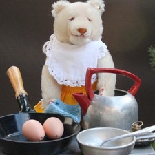 White Steiff Teddy Dicky Bear with antique doll oven & accessories