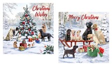 Pack of 12 Scenic Square Christmas Cards - Dogs Xmas Tree & Sleigh with Red Foil