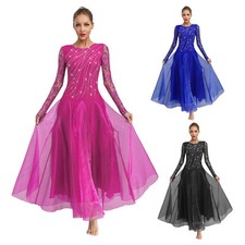 Women Ballroom Dance Dresses Floral Lace Long Sleeves Wide Hemline Flared Dress