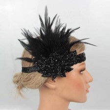 1920s Flapper Feather Headband - Vintage 20s Crystal Beaded Wedding Headpiece -