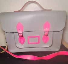 CAMBRIDGE SATCHEL COMPANY Grey Fluoro Pink 13" Buckle Flap Satchel Messenger Bag