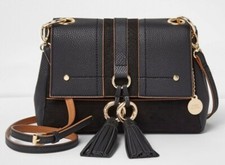 River Island Double Ring Tassel Crossbody Bag Black Tan Gold Hardware