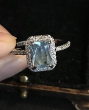 Vintage Style Aquamarine Color Topaz And Zircons Ring 18K white Gold Plated