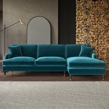 Teal Velvet L Shaped Sofa 3 Seater Right Hand Facing Saddle Arms Traditional