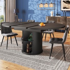 Extendable Round Dining Table & 4 Chairs Black Oval Kitchen Table with Storage